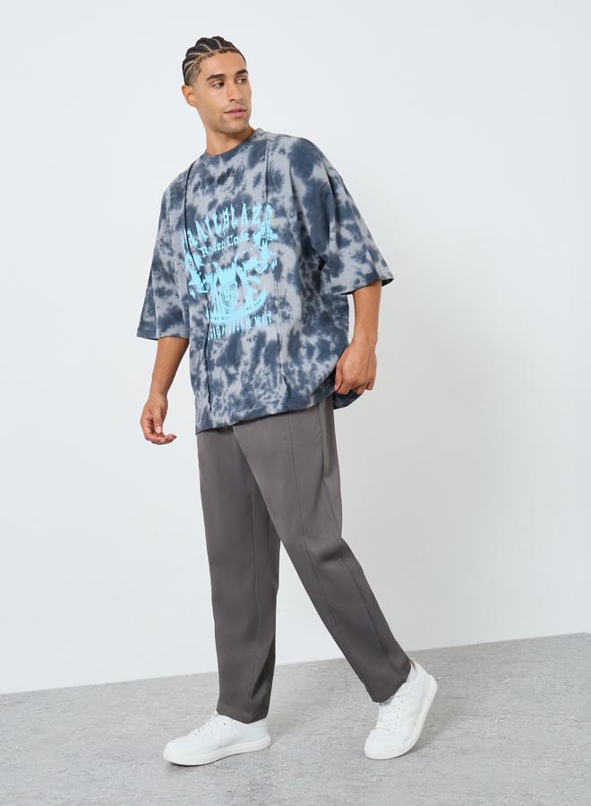 Styli Men Grey Tie-Dye Graphic Print Oversized T-Shirt - Image 1